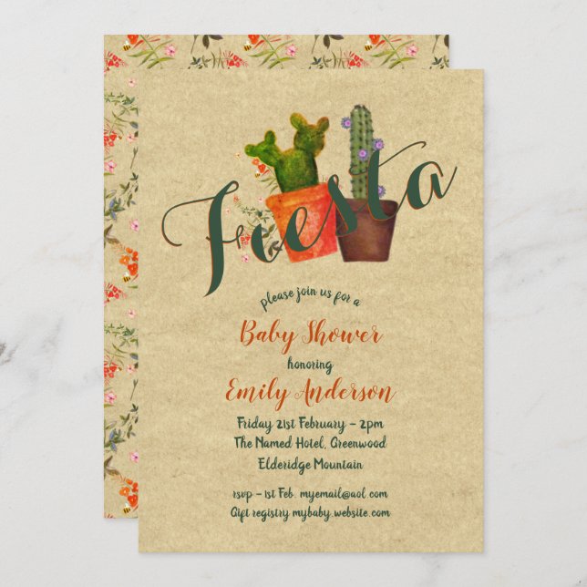 Mexikanska fiesta Baby Shower Rustic Cacti Cactus Inbjudningar (Fram/baksida)