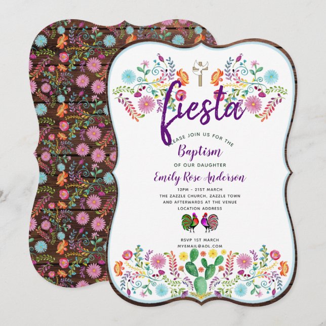Mexikanska fiesta Baptism Rustic Folk Flowers Inbjudningar (Fram/baksida)