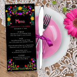 Mexikanska Fiesta Blommigt Black Bröllop Menu Meny<br><div class="desc">Vibrant och söt Menu för ett bröllop eller något annat särskilt tillfälle. Det här temat för mexikansk blommigt har färgstarka, mexikanska konstblommor i rött, rosa, lila och gult i svart bakgrund. På baksidan av kortet finns en blommigt bouquet som är gjord av samma fiesta-blommor. Mallen är konfigurerad så att du...</div>