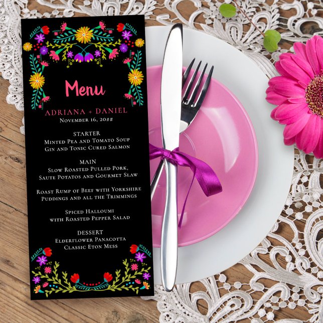 Mexikanska Fiesta Blommigt Black Bröllop Menu Meny (Floral Menu from my Mexican Fiesta Floral collection
)