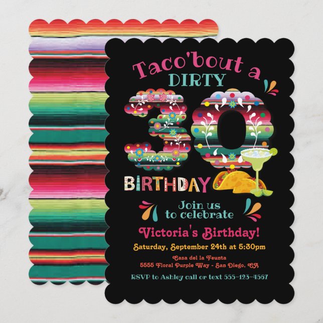 Mexikanska Fiesta Dirty 30 Papel Picado Birthday I Inbjudningar (Fram/baksida)