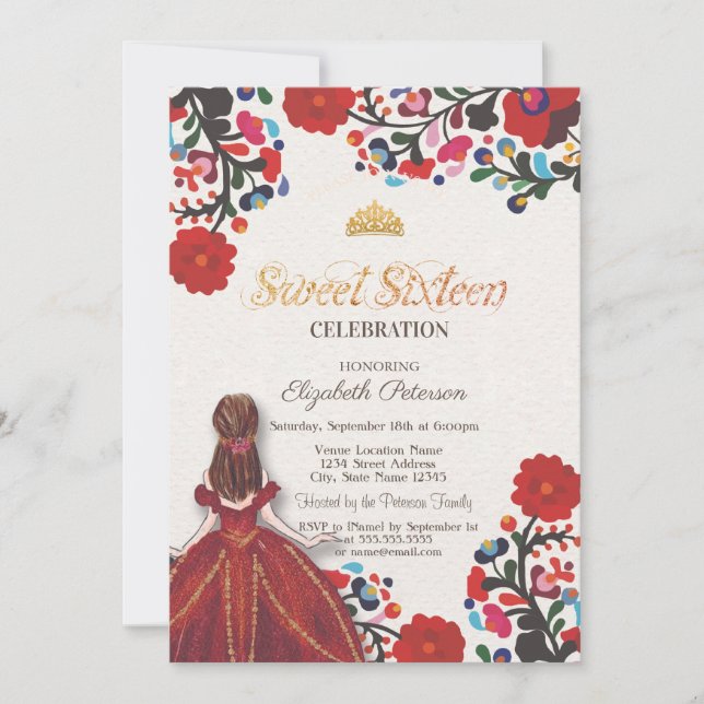 Mexikanska Fiesta Dress Tiara Flowers Sweet 16 Inbjudningar (Framsida)