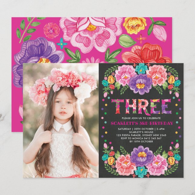 Mexikanska fiesta Flowers 3rd Girls Birthday Photo Inbjudningar (Fram/baksida)