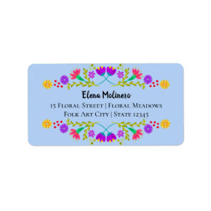 Mexikanska Fiesta Folk Art Flowers Light Blue Adre Adressetikett
