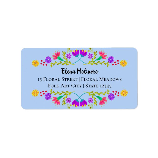 Mexikanska Fiesta Folk Art Flowers Light Blue Adre Adressetikett (Framsidan)