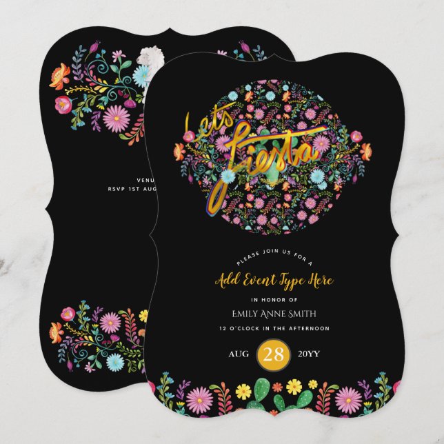 Mexikanska Fiesta Folk Flowers Llama Guld ANY EVEN Inbjudningar (Fram/baksida)