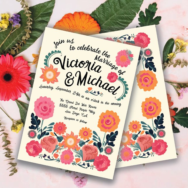 Mexikanska Fiesta Folkart Blommigt Wedding-inbjudn Inbjudningar (Skapare uppladdad)