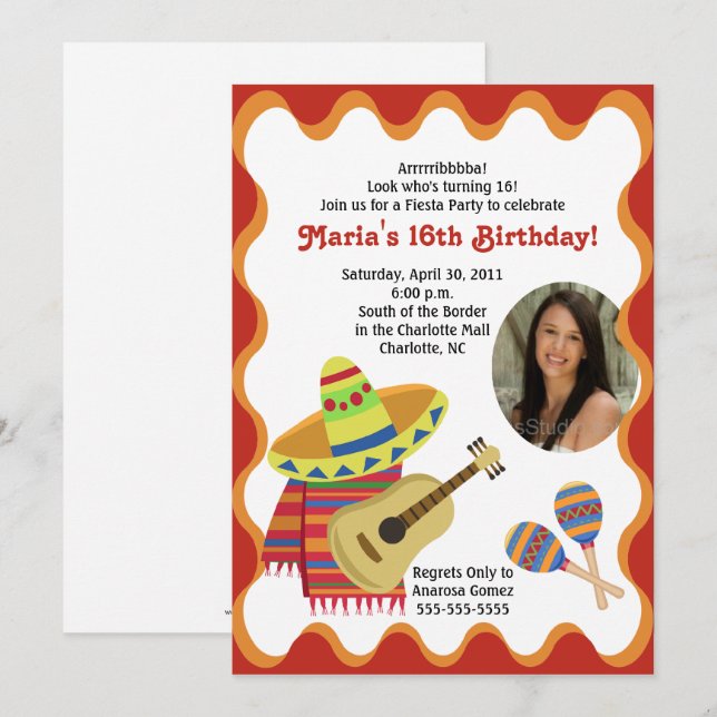 MEXIKANSKA FIESTA FOTO BIRTHDAY INVITATIONS INBJUDNINGAR (Fram/baksida)