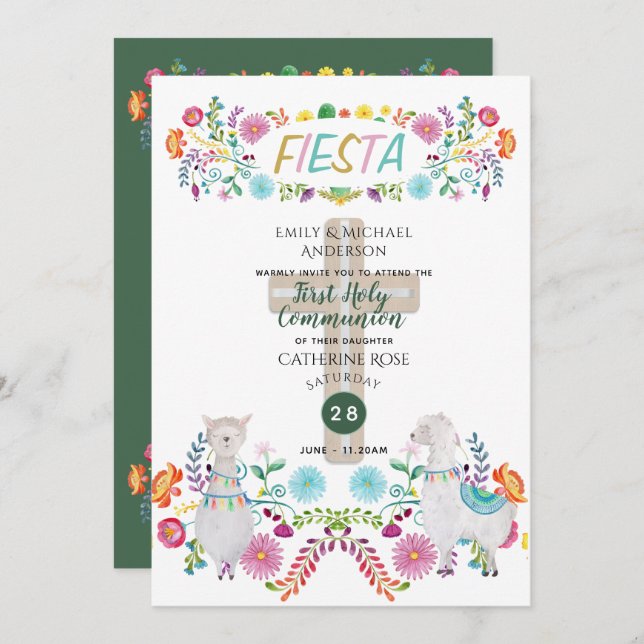 Mexikanska Fiesta HELIGA COMMUNION FolFlowers Llam Inbjudningar (Fram/baksida)
