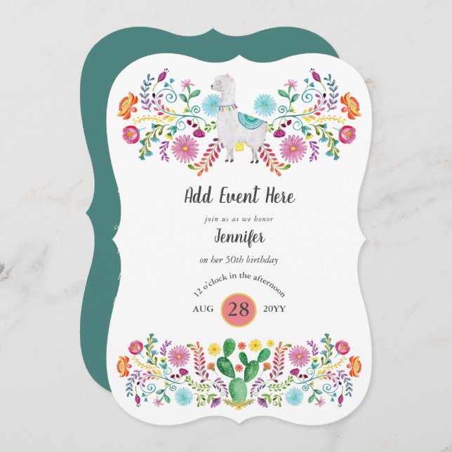 Mexikanska Fiesta Llama Folk Flowers Cacti ANY EVE Inbjudningar (Fram/baksida)
