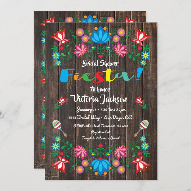 Mexikanska Fiesta Möhippa Flower Folkart Card Inbjudningar (Fram/baksida)