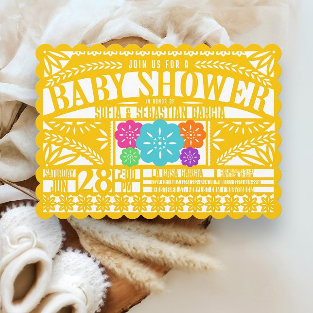 Mexikanska fiesta Papel Picado Flagga GULD Baby Sh Inbjudningar (Festive bright colorful yellow gold Mexican fiesta Papel Picado gender neutral baby shower invite)