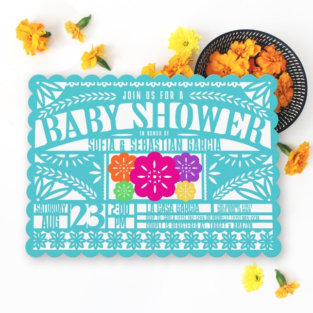 Mexikanska Fiesta Papel Picado Flagga TEAL Baby Sh Inbjudningar (Festive bright colorful teal fuchsia purple Mexican fiesta Papel Picado baby shower invitation )