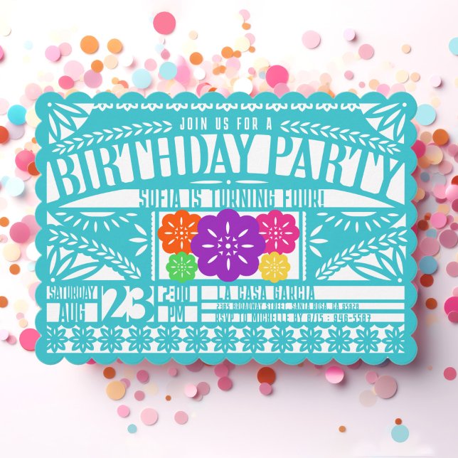 Mexikanska Fiesta Papel Picado Flagga TEAL Birthda Inbjudningar (Bright colorful teal blue Papel Picado Flag style scalloped birthday party invite for kids & adults)