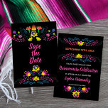 Mexikanska Fiesta Party Black Blommigt Spara Datumet<br><div class="desc">Den mexikanska Blommigten Spara datumkortet i färgfulla mexikanska konstblommor. Utformningen är dekorerad på båda sidor och redot är inställt för att du ska kunna lägga till ditt speciella datum, ditt namn, tillfälle och anpassningsbar på baksidan. Utformningen kan anpassas till kostym oavsett tillfälle och är perfekt att samordna med vår Quinceanera-samling....</div>