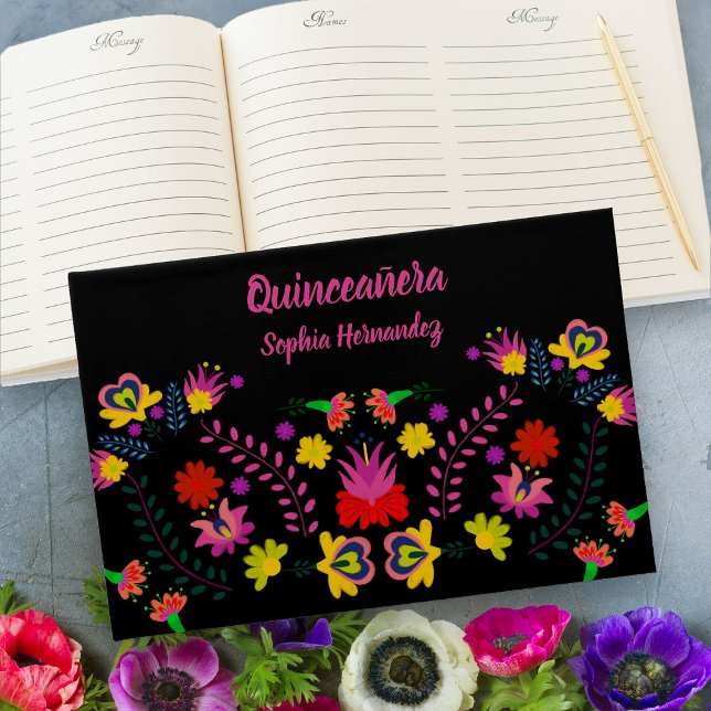 Mexikanska Fiesta Party Blommigt Quinceanera Black Gästböcker (Quinceanera Guest Book from my Mexican Fiesta Party Quinceanera Collection 
)