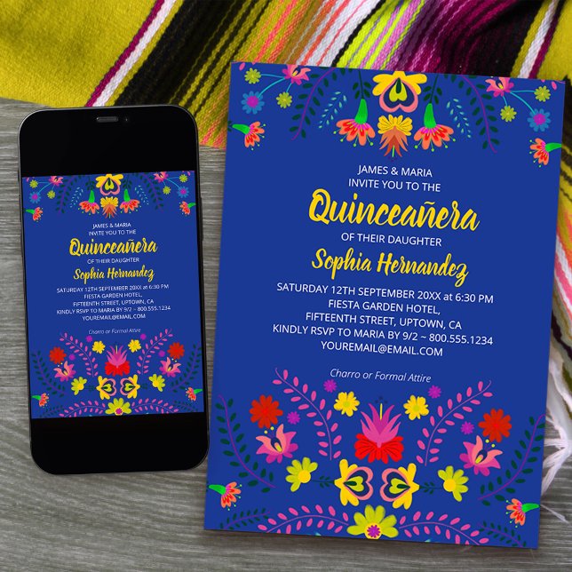 Mexikanska Fiesta Party Flowers Blue Quinceanera Inbjudningar (Quinceanera Invitation from my Mexican Fiesta Party collection - order printed or printable download)