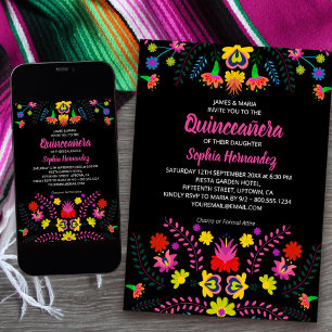 Mexikanska Fiesta Party Folk Art Flowers Quinceane Inbjudningar