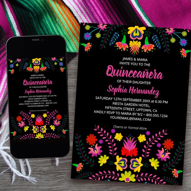 Mexikanska Fiesta Party Folk Art Flowers Quinceane Inbjudningar (Quinceanera Invitation from my Mexican Fiesta Party collection
available printed or download)