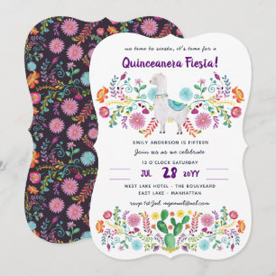 Mexikanska FIESTA Quinceanera Folk Flowers Llama C Inbjudningar