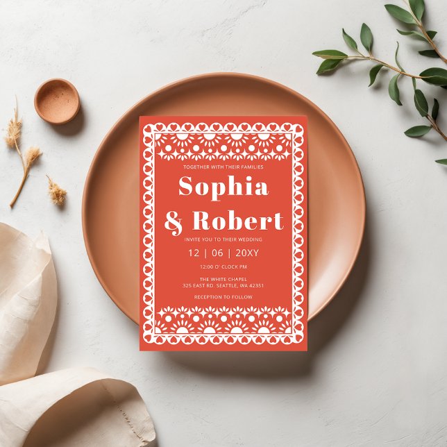 Mexikanska Fiesta Red Papel Picado Boho Bröllop Inbjudningar (Mexican Fiesta Red Papel Picado Boho Wedding Invitation)