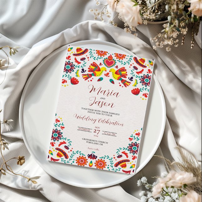 Mexikanska Fiesta Sombrero Folk Art Bröllop Inbjudningar (Mexican Fiesta Sombrero Folk Art Wedding Invitation)