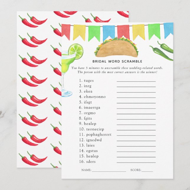 Mexikanska Fiesta Taco Möhippa Game Inbjudningar (Fram/baksida)