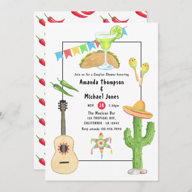Mexikanska Fiesta Taco och Tequila Par Shower Inbjudningar (Fram/baksida)