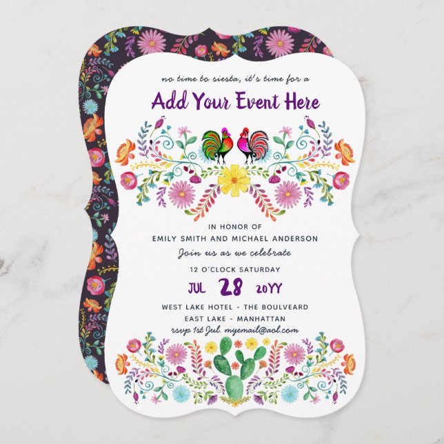 Mexikanska Fiesta Watercolor Folk Flower-inbjudnin Inbjudningar (Fram/baksida)