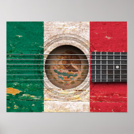 Mexikanska Flagga på gamla akustiska Guitar Poster