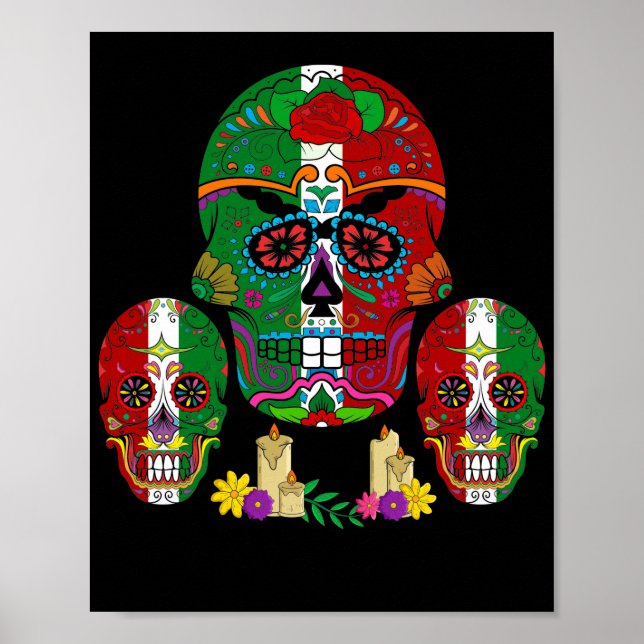 Mexikanska Flagga Skull Dia De Los Muertos Day Poster (Framsidan)