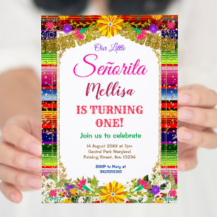 Mexikanska Flower Guld Glitter Girl Fiesta Birthda Inbjudningar
