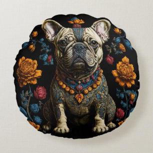 Mexikanska folkArt Fransk Bulldog Rund Kudde