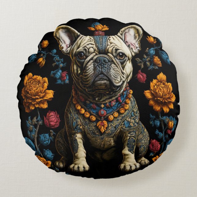 Mexikanska folkArt Fransk Bulldog Rund Kudde (Framsidan)