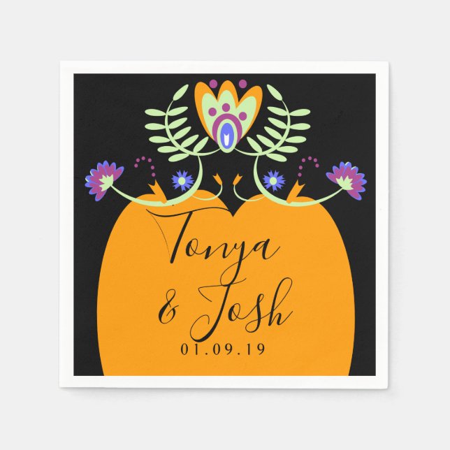 Mexikanska Folkblommor Bröllop | Halloween Pumpa Pappersservett (Framsidan)