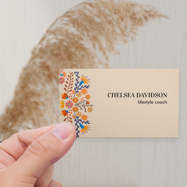 Mexikanska folkblommor Earthy Tan Visitkort (Neutral boho floral business card in warm earthy tan with mexican folk flowers)
