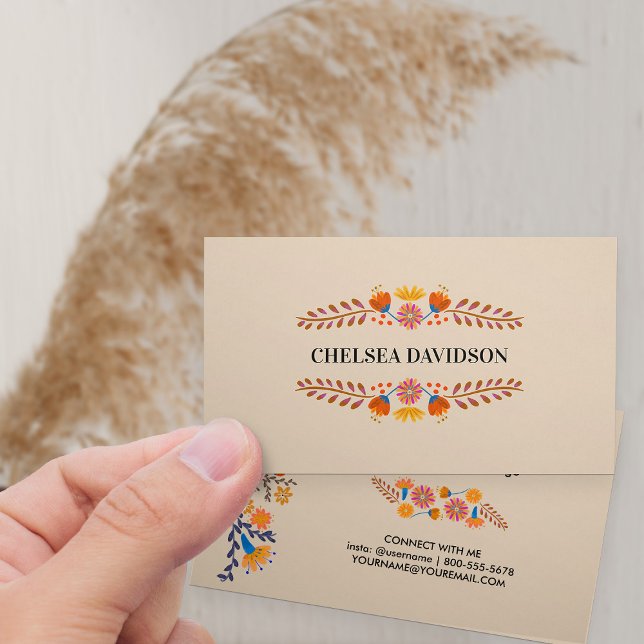Mexikanska folkblommor Earthy Tan Visitkort (Earthy tan business card with rustic mexican folk flowers)