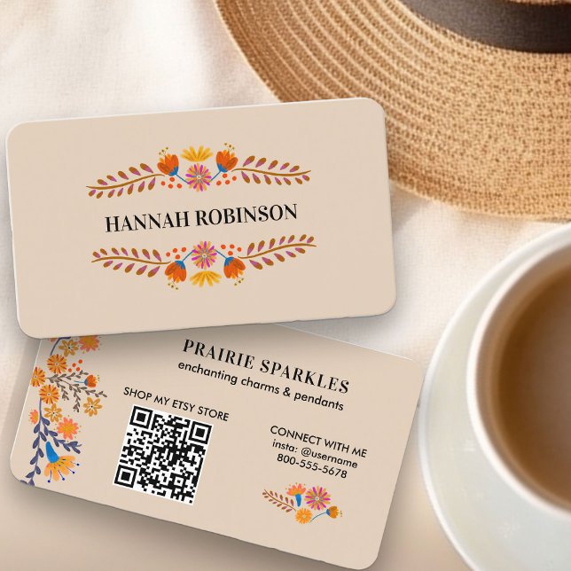 Mexikanska folkblommor Jordthy QR-kod Visitkort (Mexican Folk Flowers QR Code Business Card for retail or service)