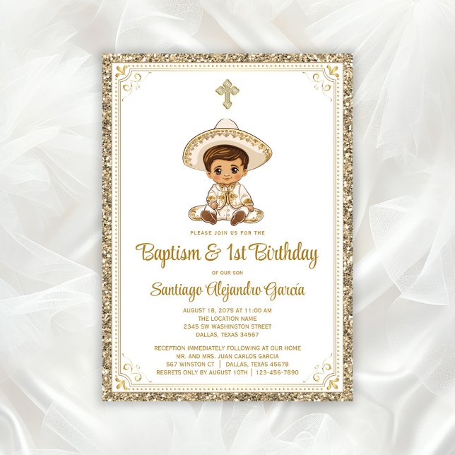 Mexikanska Guld Charro Baptism och födelsedagsinbj Inbjudningar (Adorable little charro baptism invitation. All of the text can be changed as needed for your event.)