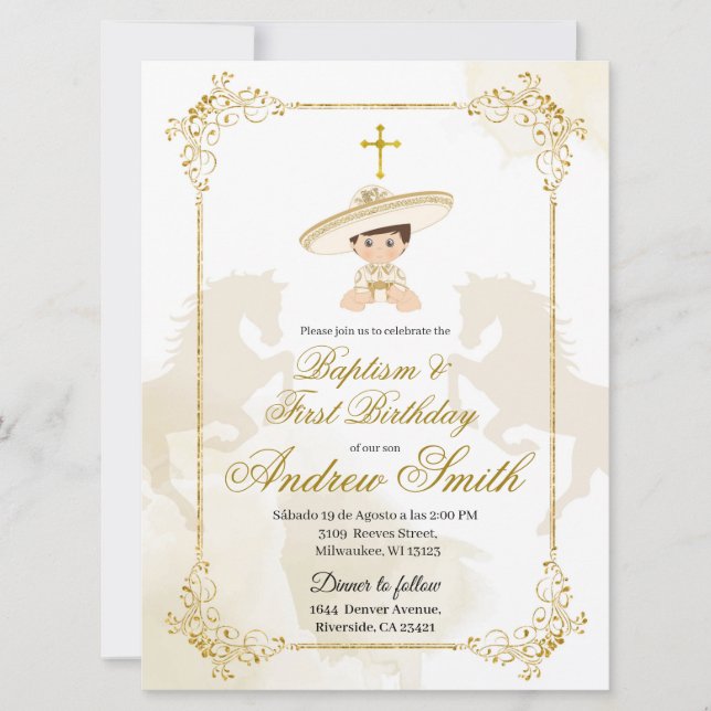 Mexikanska Guld-charro-baptism och födelsedagstid Inbjudningar (Framsida)
