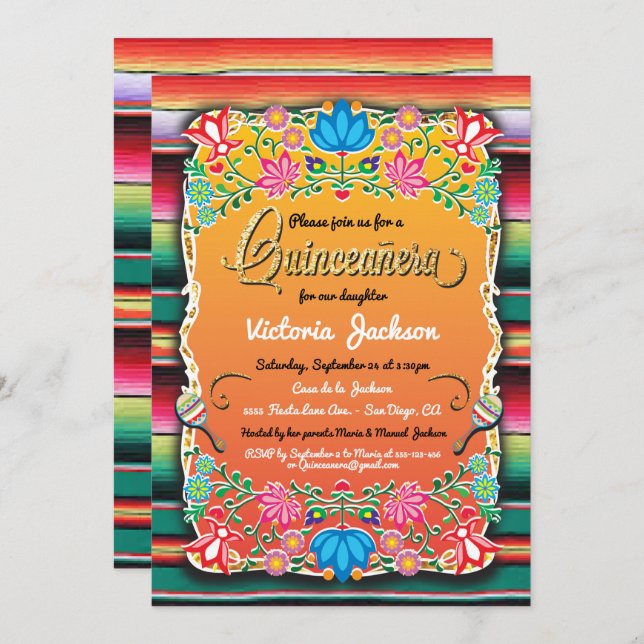 Mexikanska Guld Fiesta Quinceañera Inviations Inbjudningar (Fram/baksida)