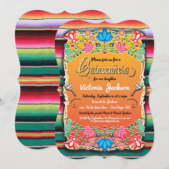 Mexikanska Guld Fiesta Quinceañera Inviations Inbjudningar (Fram/baksida)
