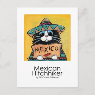 Mexikanska Hitchhiker Whimsical Cat Art Postcard Vykort