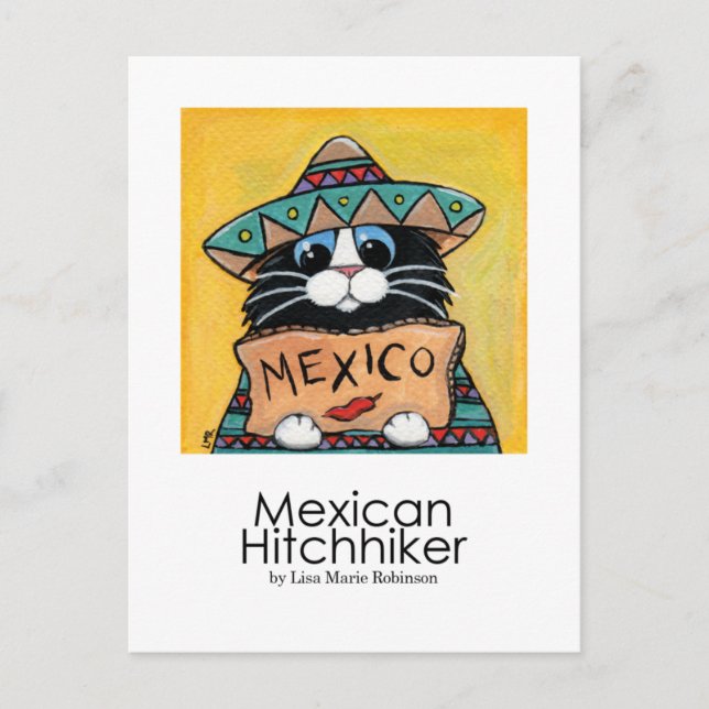Mexikanska Hitchhiker Whimsical Cat Art Postcard Vykort (Framsida)