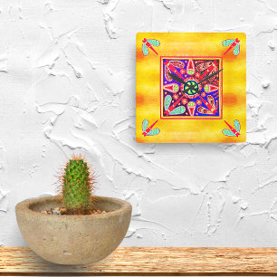 Mexikanska Huichol Golden & Lila Art Mönster Fyrkantig Klocka