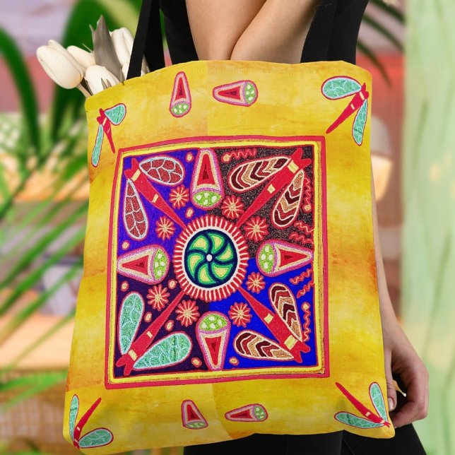 Mexikanska Huichol Golden & Lila Art Mönster Tygkasse (Carry a piece of Mexican culture with you in our Mexican Huichol Golden & Purple Art Tote Bag.)