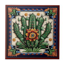 Mexikanska Huichol stil cactus ceramic tile 12/12