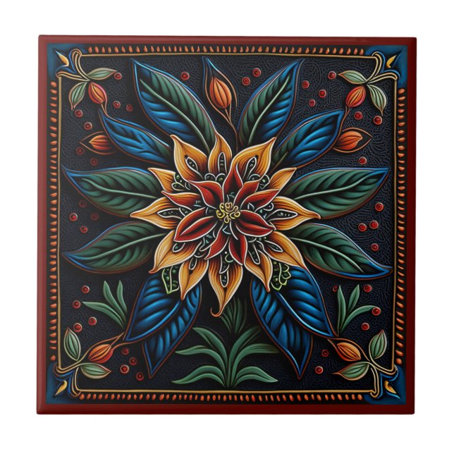 Mexikanska huicholkonsten stil lily ceramic tile kakelplatta (Framsidan)