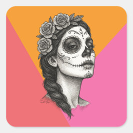 Mexikanska Katrina med Ro Day of the dead Fyrkantigt Klistermärke