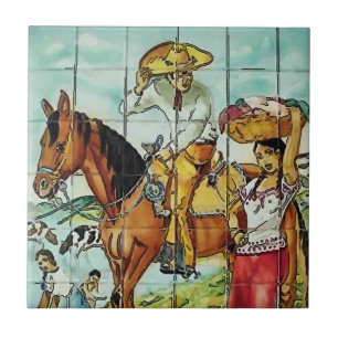 Mexikanska kvinnor och HorsemanTile Mural Kakelplatta